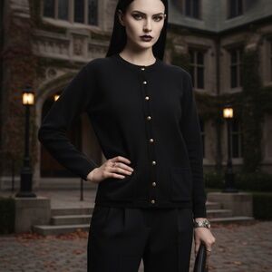Vintage Wye Oaks Black Knit Cardigan with Gold Crest Buttons, Women’s Small